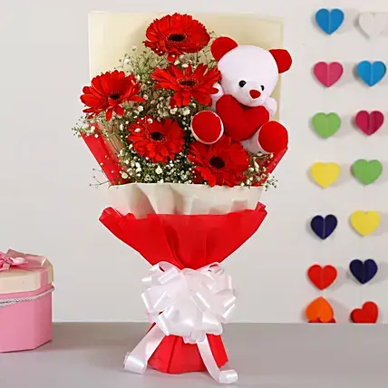 Red Gerberas Bouquet With Teddy Bear | Cake2homes