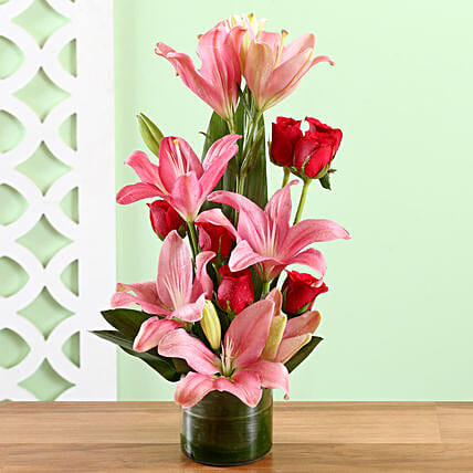Pink Lilies & Red Roses Vase | Cake2homes