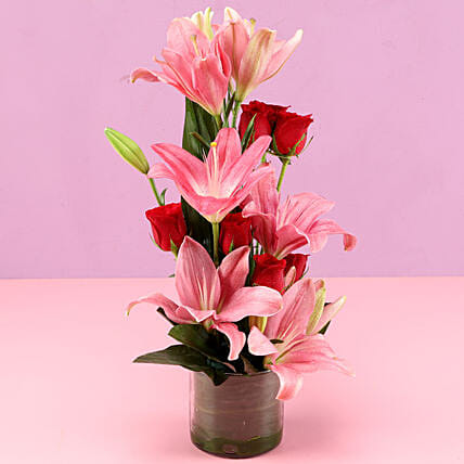Pink Lilies & Red Roses Vase | Cake2homes