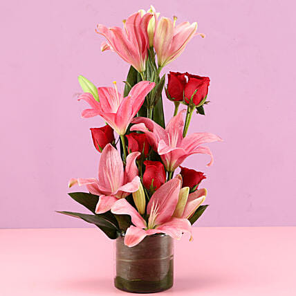 Pink Lilies & Red Roses Vase | Cake2homes