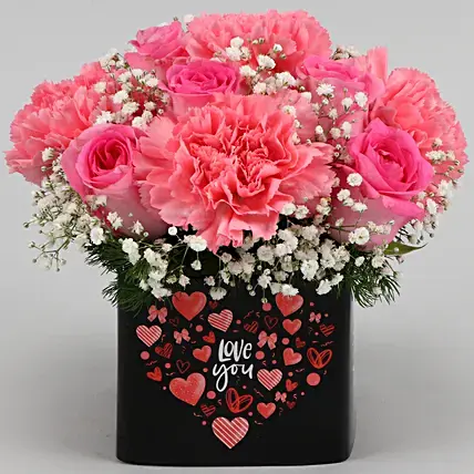 Pink Roses And Carnations In Love You Sticker Vase | Cake2homes