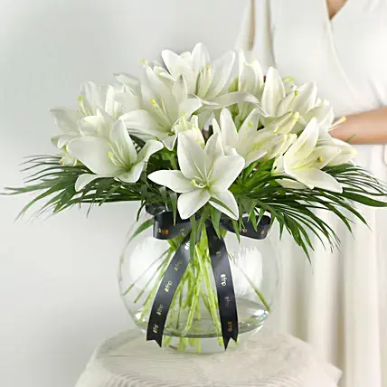Pure White Asiatic Lilies In Fishbowl Vase | Cake2homes