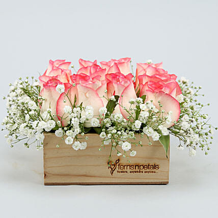 16 Pink Roses Arrangement In Wooden Base | Cake2homes