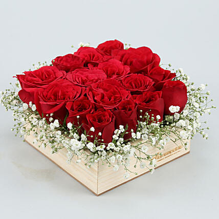 16 Red Roses Arrangement In Wooden Base | Cake2homes