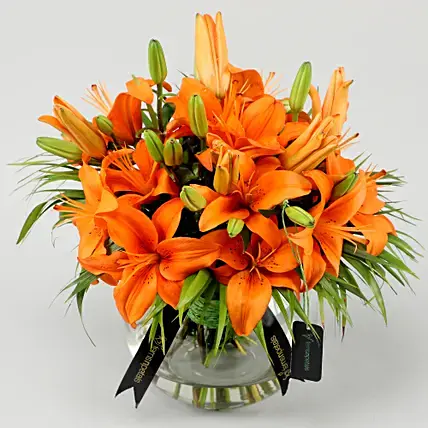 Blissful Orange Lilies In Fishbowl Vase | Cake2homes