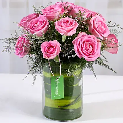 15 Pink Roses Vase Arrangement | Cake2homes