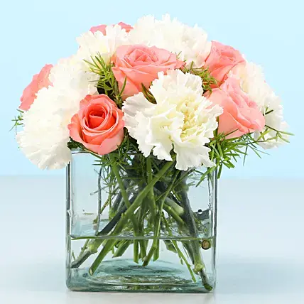 Pink Roses & White Carnations Vase | Cake2homes