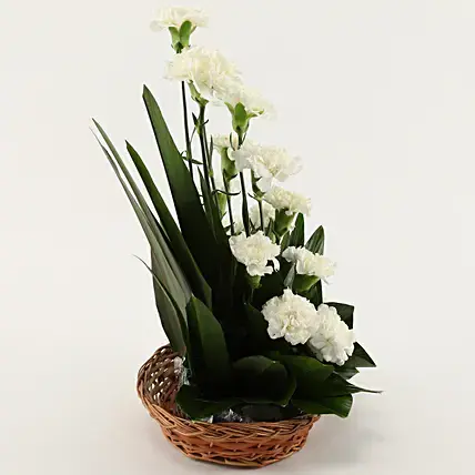 White Carnations Cane Basket Arrangement | Cake2homes