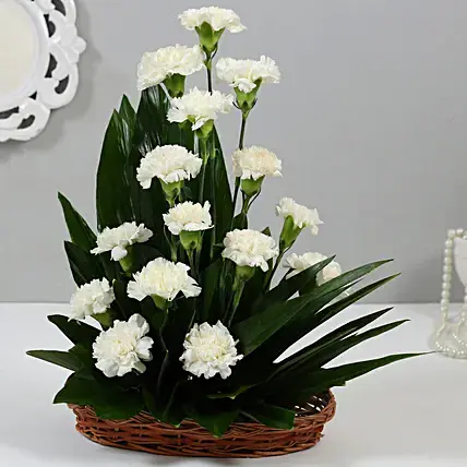 White Carnations Cane Basket Arrangement | Cake2homes
