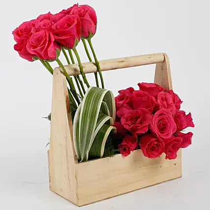 Dark Pink Roses Wooden Basket Arrangement | Cake2homes