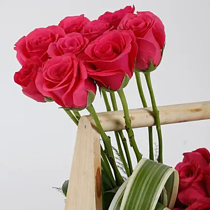 Dark Pink Roses Wooden Basket Arrangement | Cake2homes