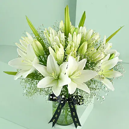 Blooming Asiatic Lilies In Black Ribbon Tied Vase | Cake2homes