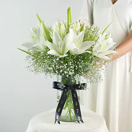 Blooming Asiatic Lilies In Black Ribbon Tied Vase | Cake2homes