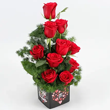 Bunch Of 10 Red Roses In Love You Sticker Vase | Cake2homes