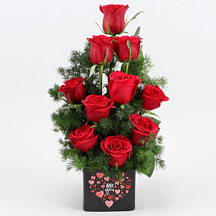 Bunch Of 10 Red Roses In Love You Sticker Vase | Cake2homes