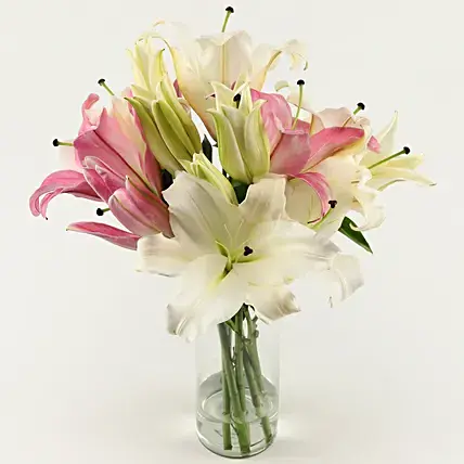 Pink & White Oriental Lilies in Glass Vase | Cake2homes
