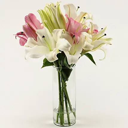 Pink & White Oriental Lilies in Glass Vase | Cake2homes