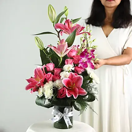 Elegant Mixed Flowers In Cylindrical Vase | Cake2homes