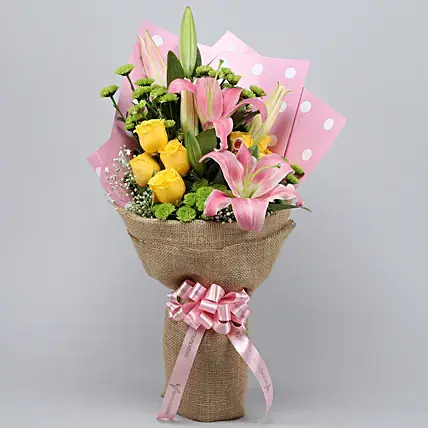 Elegant Mixed Flowers Ribbon Tied Jute Bouquet | Cake2homes