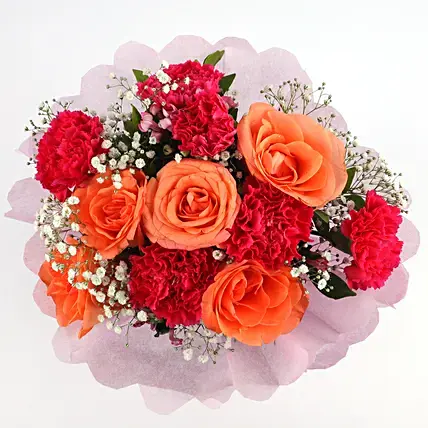 Pink Carnations & Orange Roses Bouquet | Cake2homes