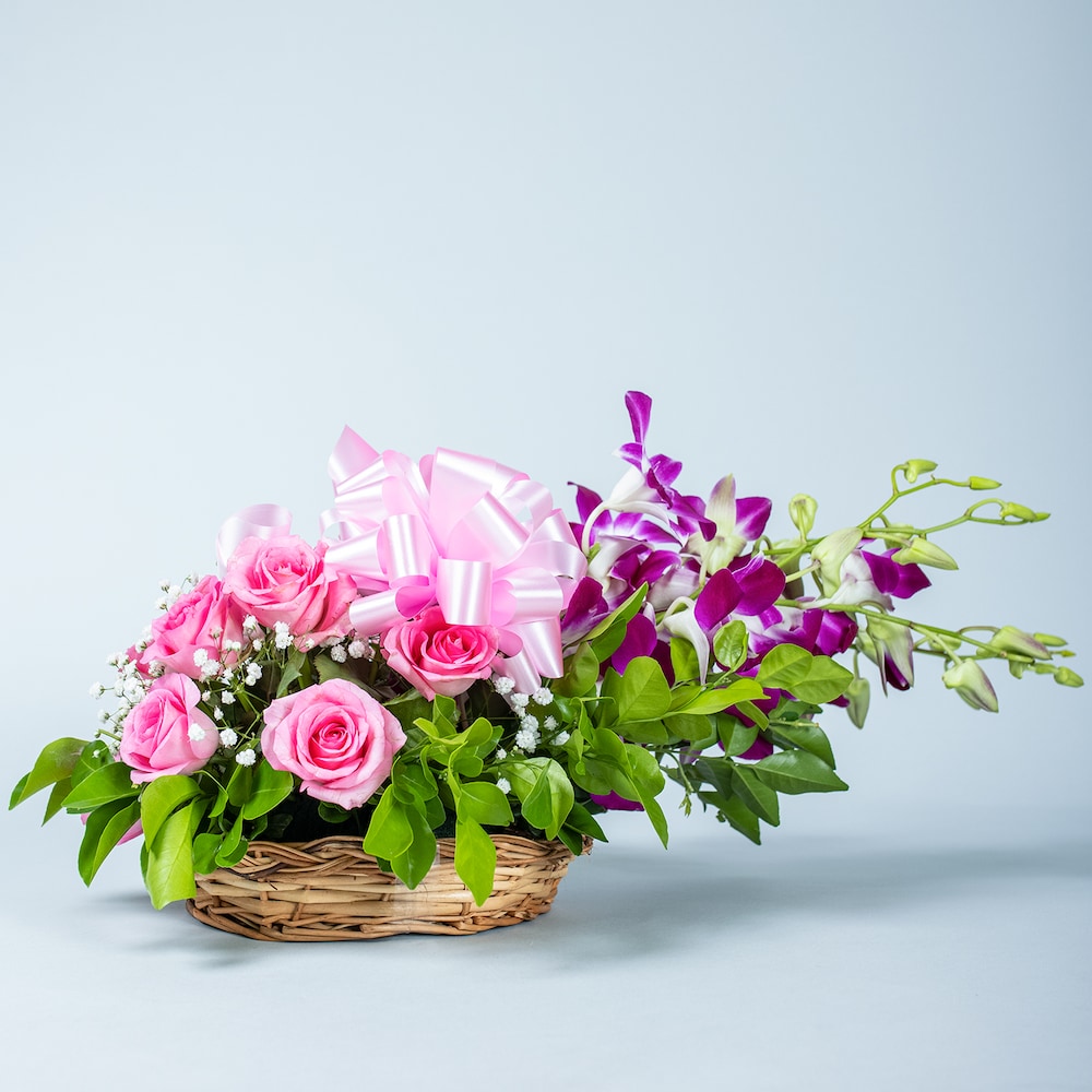 Elegant Pink Mixed Flowers Basket | Cake2homes