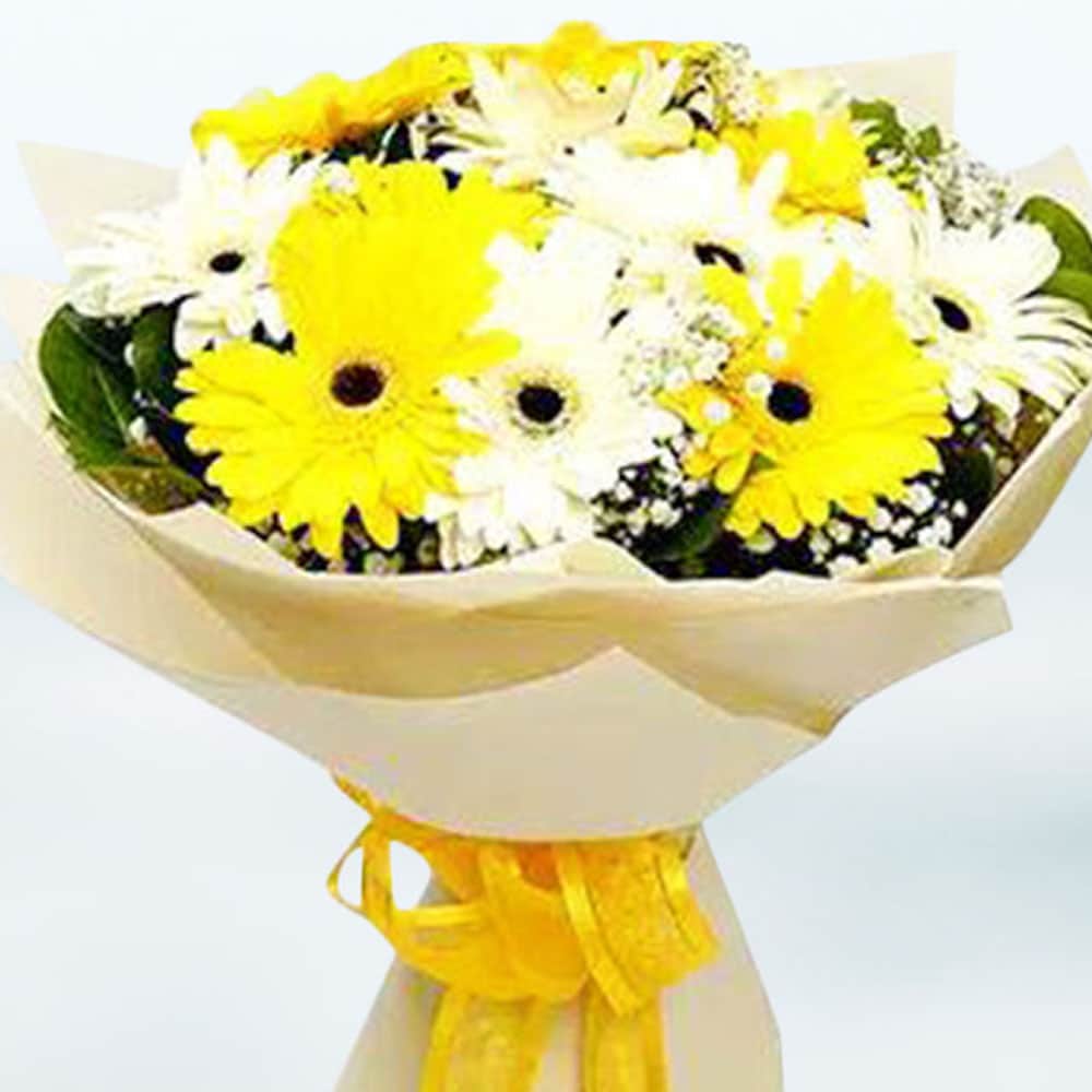 Mix Gerbera Flowers Bouquet In White Wrapping | Cake2homes