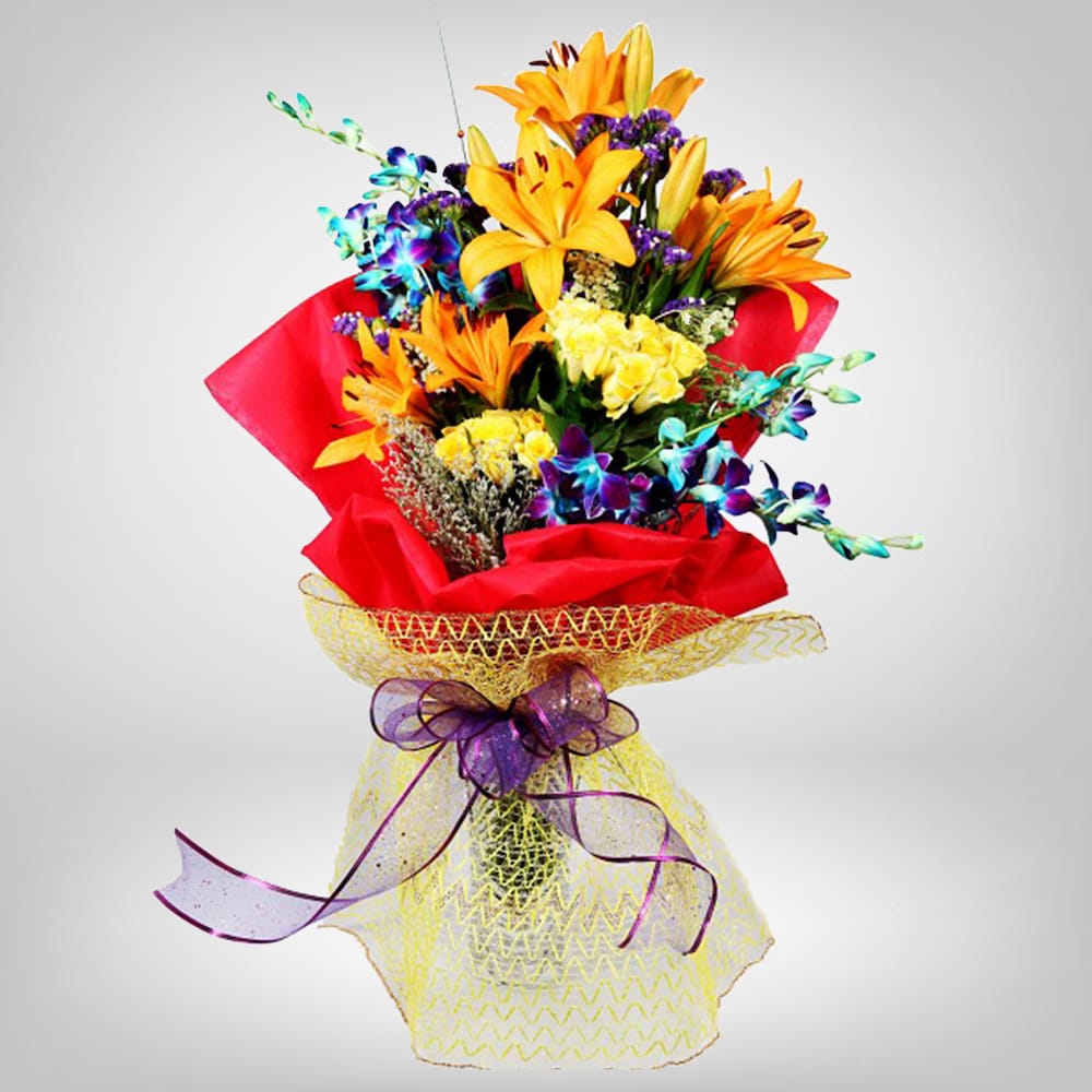 Lilies And Orchids In Red Packing | Cake2homes