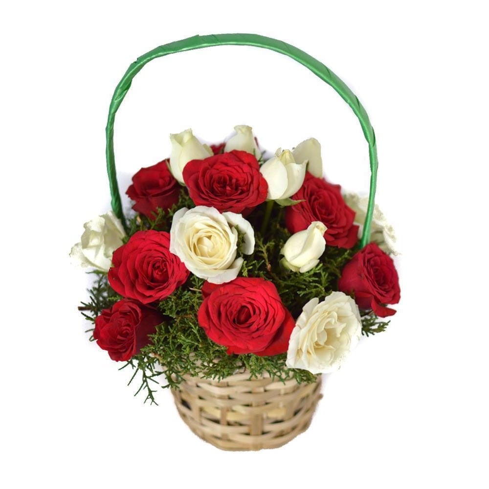 Radiant Wishes A Basket Of Red And White Roses | Cake2homes