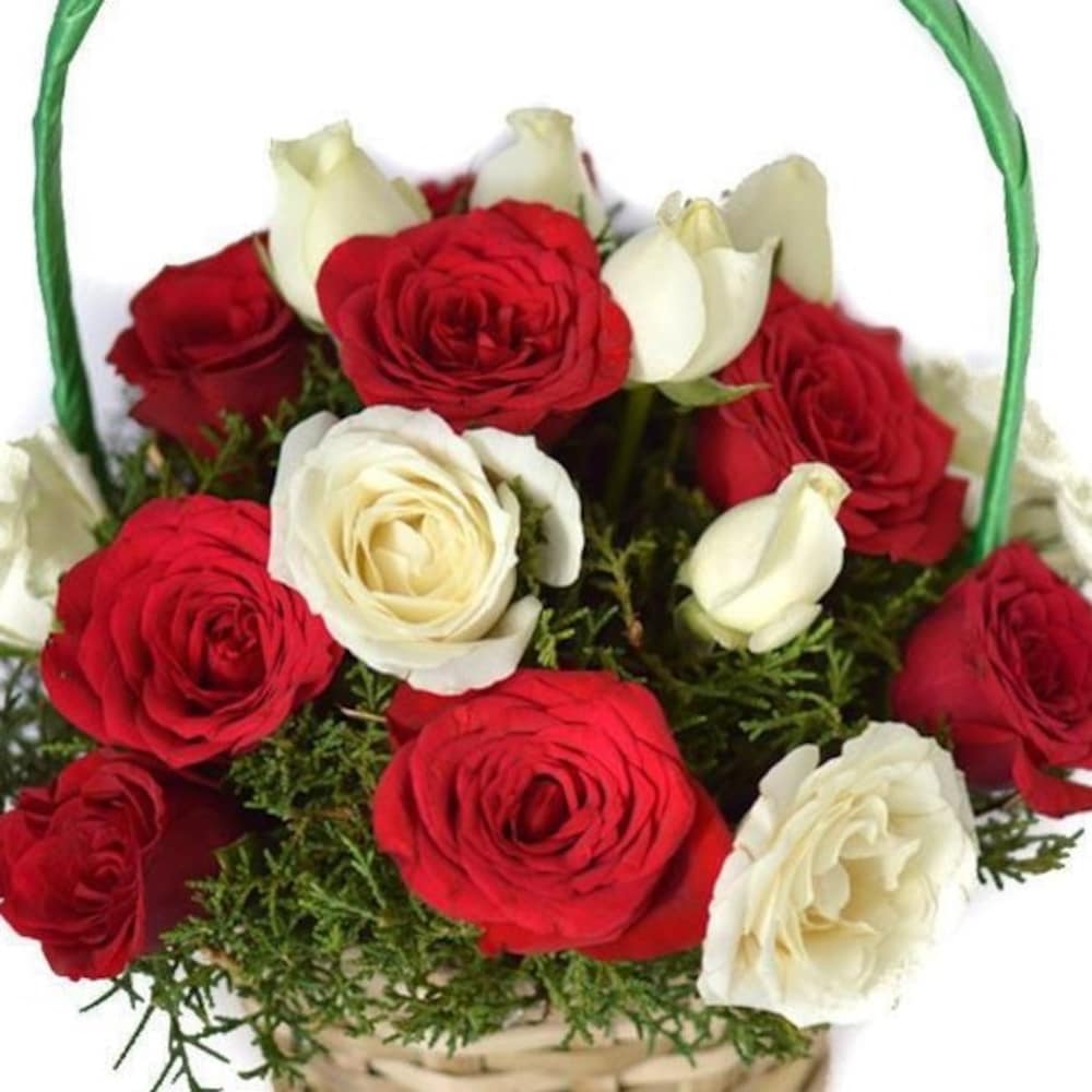 Radiant Wishes A Basket Of Red And White Roses | Cake2homes