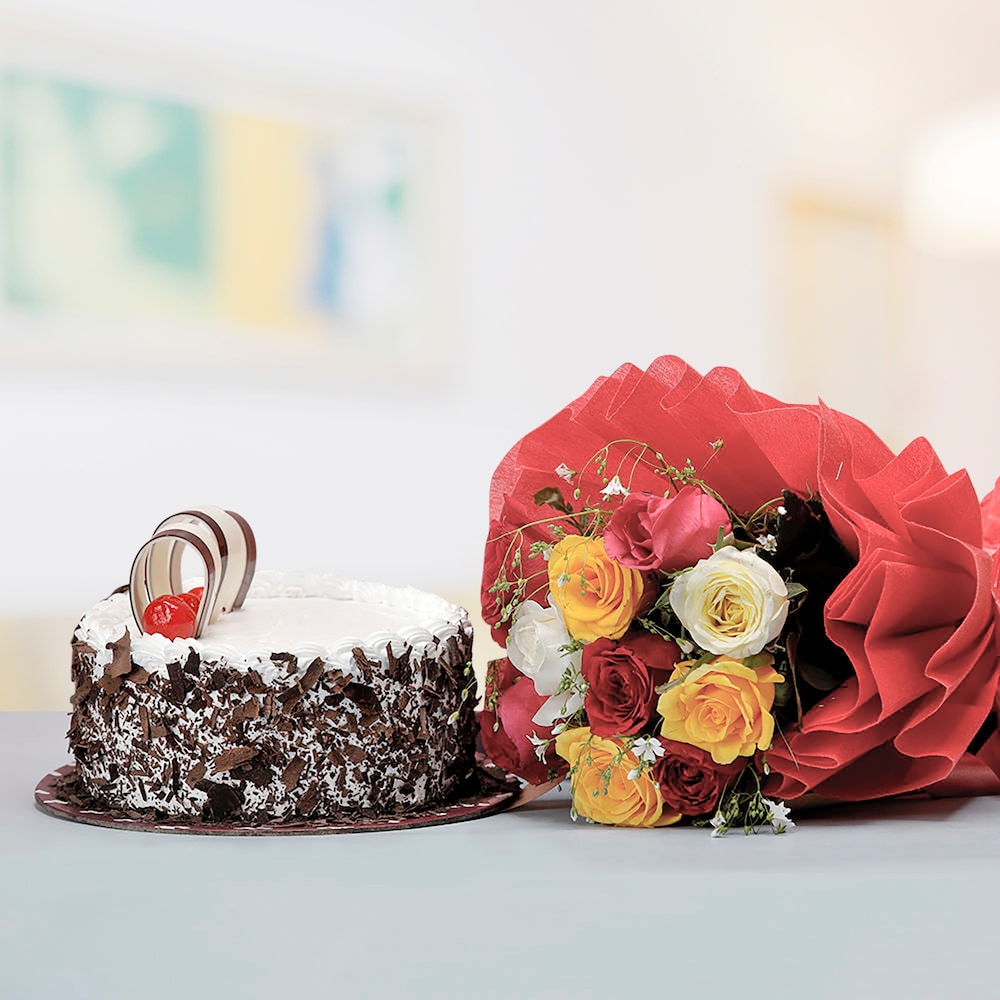 Black Forest Cake With Mixed Roses | Cake2homes