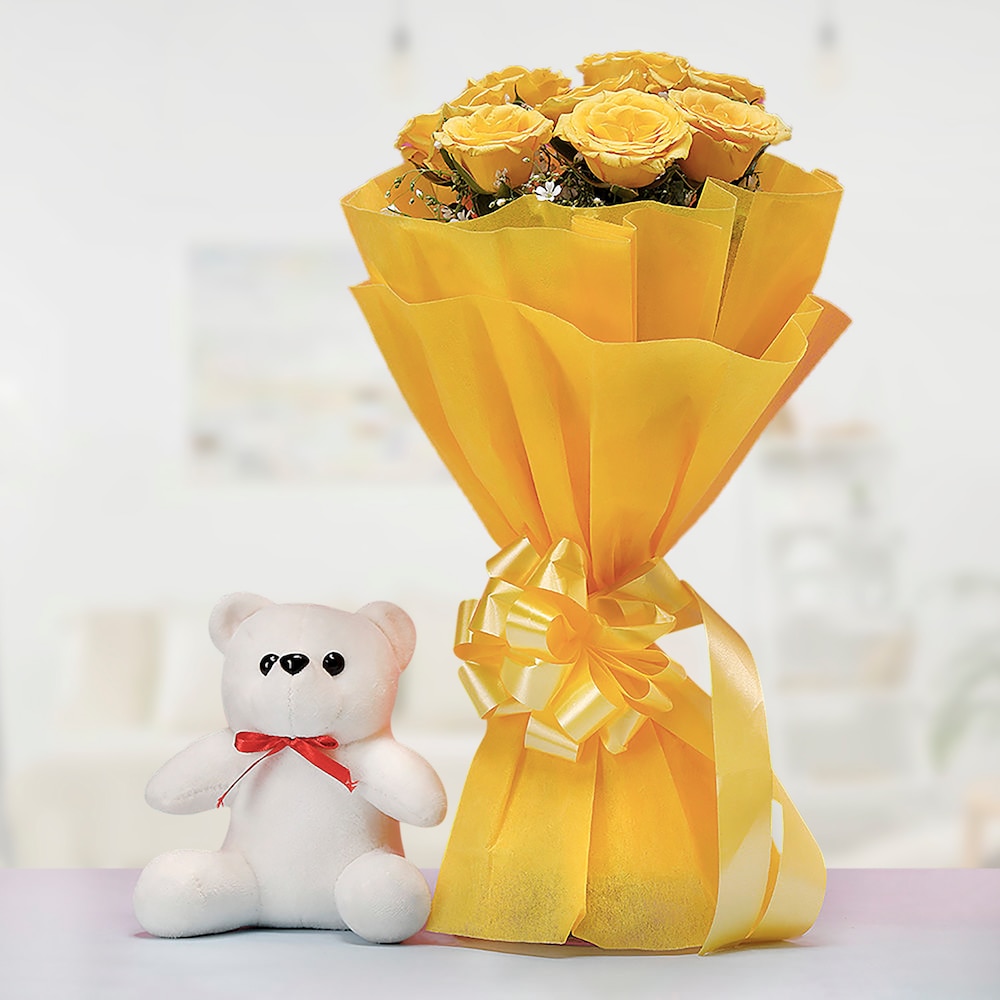 Yellow Roses With Teddy | Cake2homes