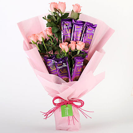 9 Pink Roses & Dairy Milk Silk Bouquet
