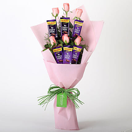 6 Pink Roses & 6 Dairy Milk Chocolate Bouquet 6 Pink Roses & 6 Dairy Milk Chocolate Bouquet