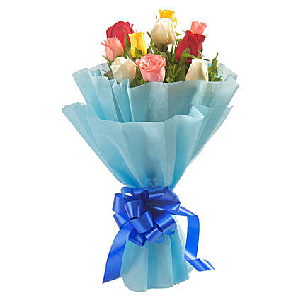 Mixed Roses Blu Paper Bouquet