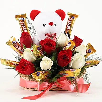 10 Roses With Teddy & Choco Basket Arrangement 10 Roses With Teddy & Choco Basket Arrangement