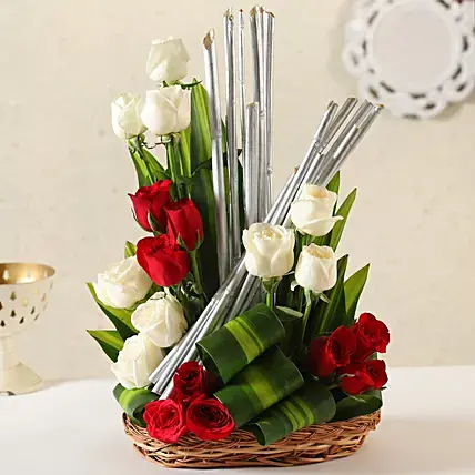 Red & White Roses Basket Arrangement