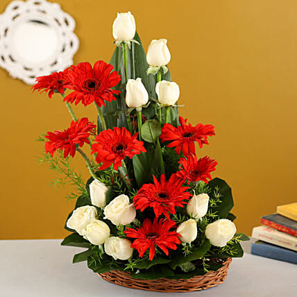 White Roses & Red Gerberas Cane Basket