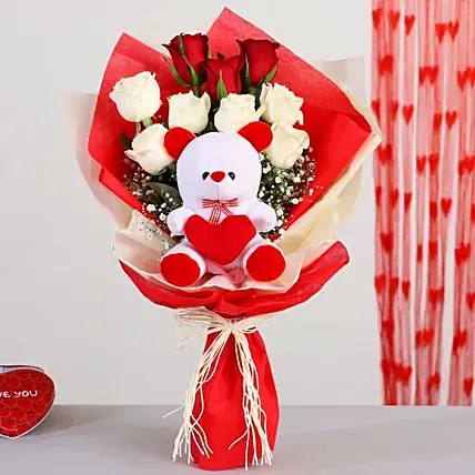 Red & White Roses Bouquet With Teddy Bear