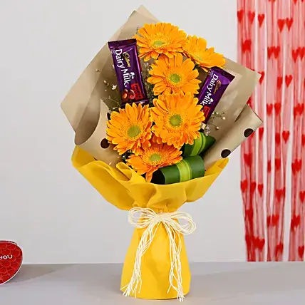 Yellow Gerberas Bouquet With Dairy Milk Fruit N Nut
