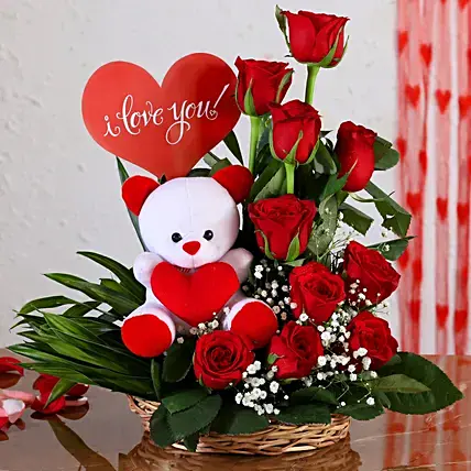 Red Roses Arrangement With Love Tag & Teddy