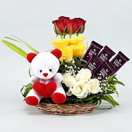 Mixed Roses Arrangement With Teddy & Dairy Milk