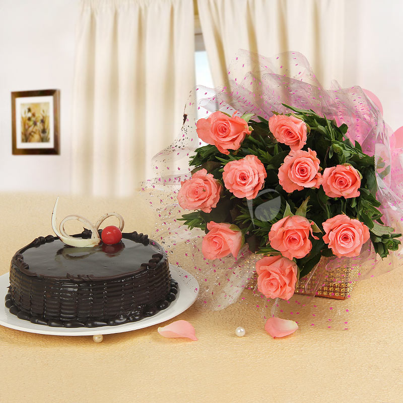 Choco Truffle Cake Pink Rose Combo