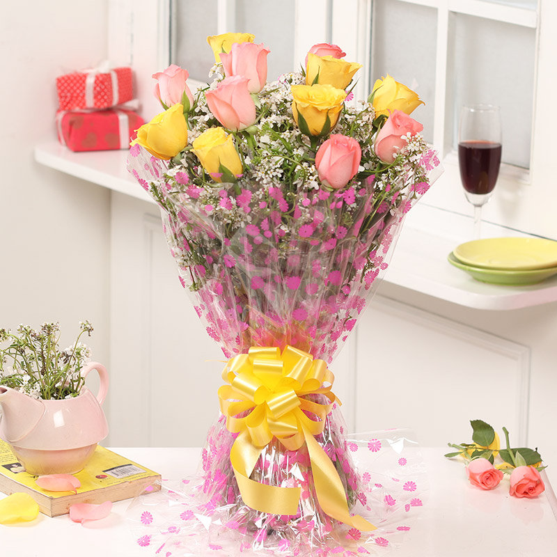 Sunshine Yellow Pink Rose Bouquet