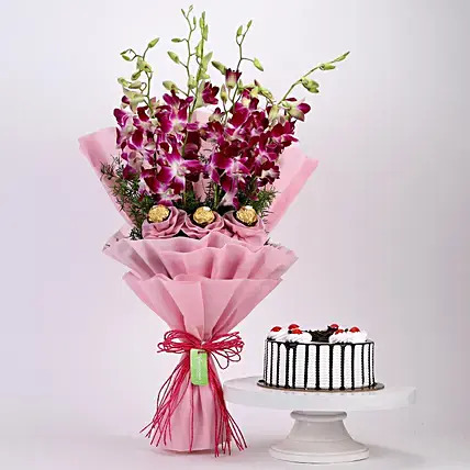 Chocolaty Orchids Bouquet & Black Forest Cake