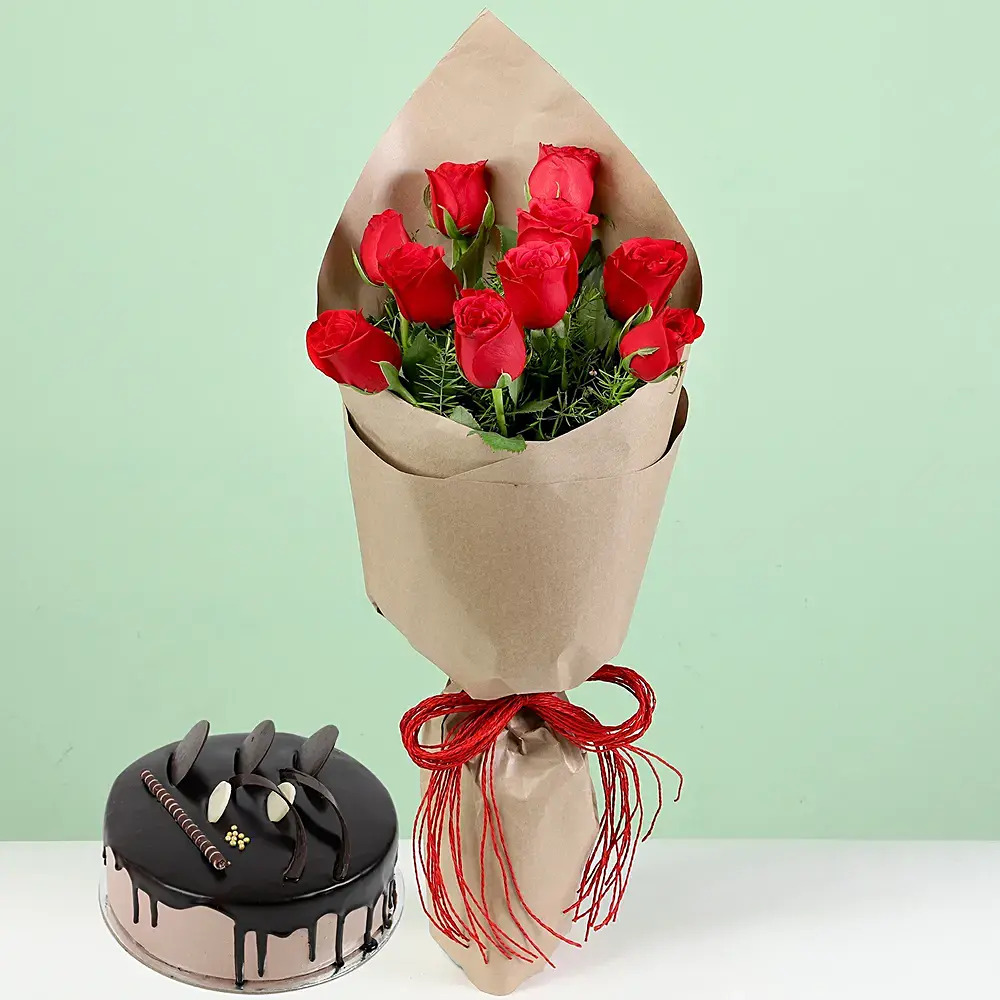 Bouquet Of Red Roses & Chocolate Cream Cake