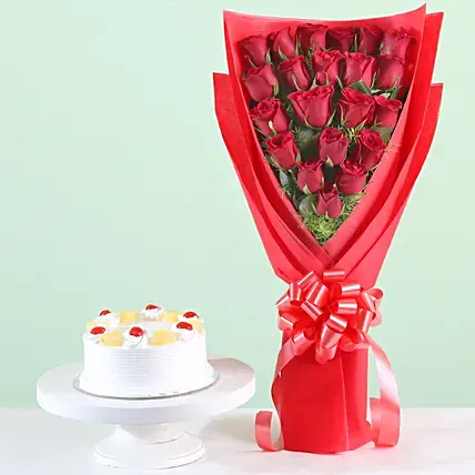 21 Red Roses Bouquet & Pineapple Cake Combo