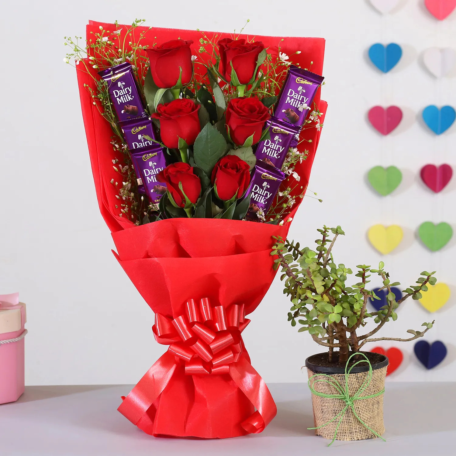 Red Roses Bouquet With Jade Plant & Chocolates