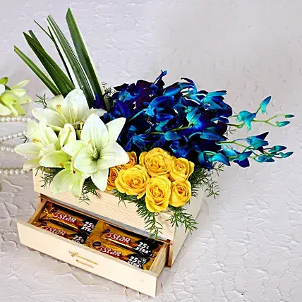 Orchids With Roses and Lilies Wooden Basket Arrangement