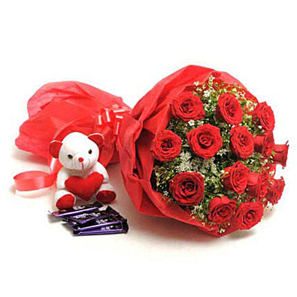 Sweet Romance- Rose Bouquet, Teddy & Dairy Milk