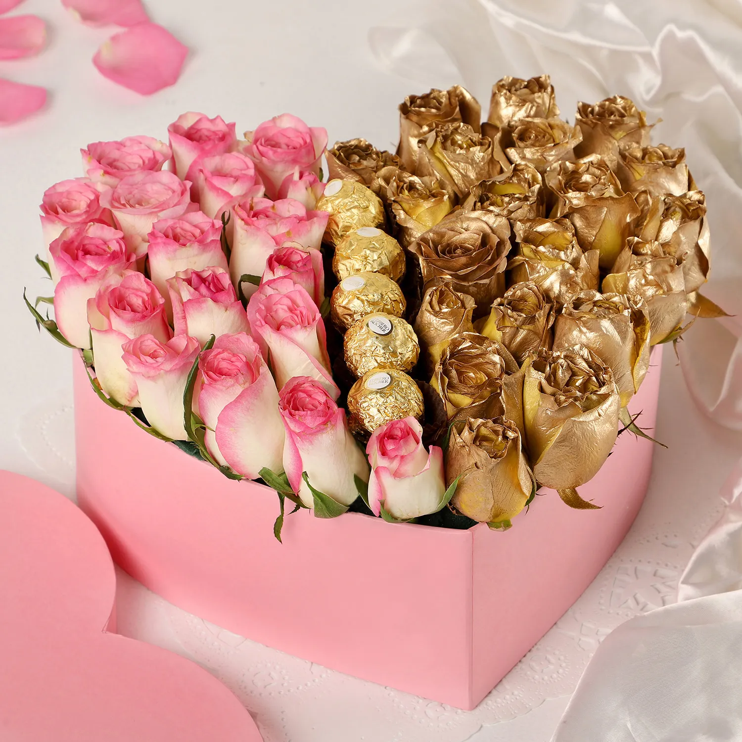 Pink & Gold Roses Extravaganza In Heart Shaped Box